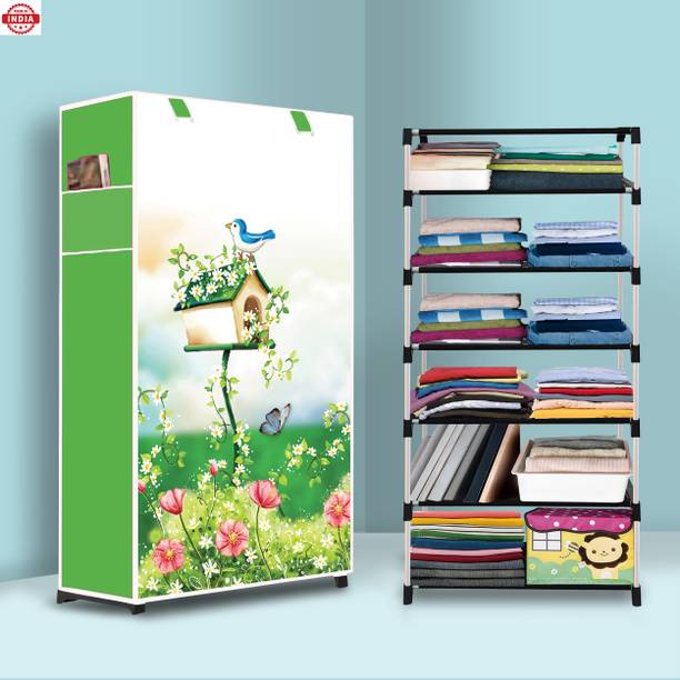 ZENVEXYO 6 Shelf Foldable Collapsible Wardrobe Storage Organizer Almirah Cloth Rack PP Collapsible Wardrobe