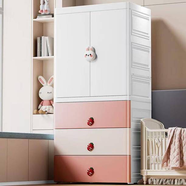 Owme Kids Plastic Wardrobe with Drawers Cartoon Pink Rabbit Clothes Storage Cabinet PC Collapsible Wardrobe
