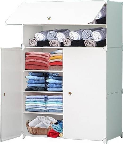 POOWEREST 3 Door 6 Shelf Plastic Metal Collapsible Wardrobe, Clothes, Shoes,etc. Organiser PVC Collapsible Wardrobe