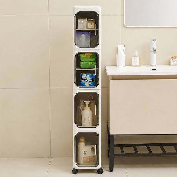 KriShyam ® 4 Door Slim Plastic Storage Cabinet with Wheels, PP Collapsible Wardrobe