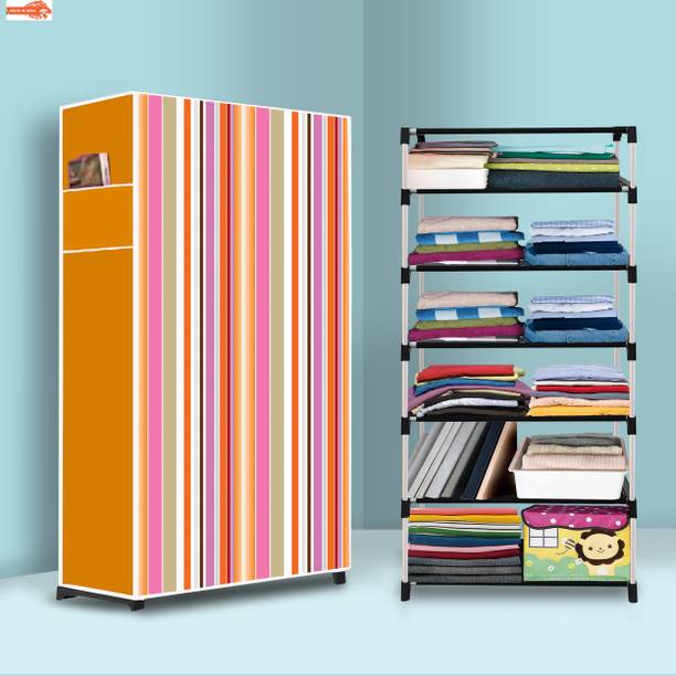 Finner 6 Shelf Foldable Collapsible Wardrobe Storage Organizer Almirah Cloth Rack PVC Collapsible Wardrobe