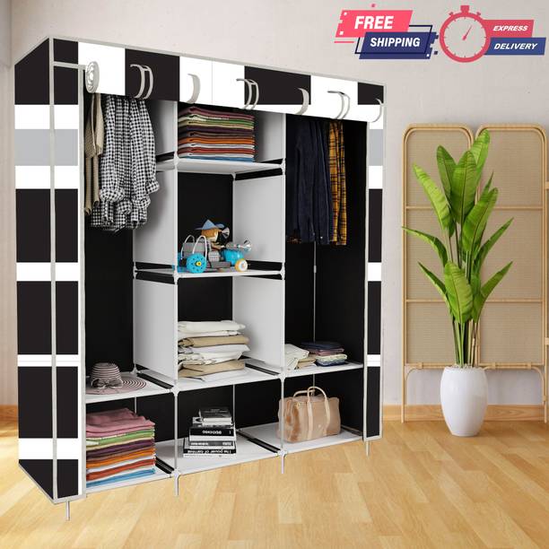 INSIDE STYLE 2 Door 6 Shelves Foldable Collapsible Wardrobe Storage Almirah Cloth Rack PP Carbon Steel Collapsible Wardrobe
