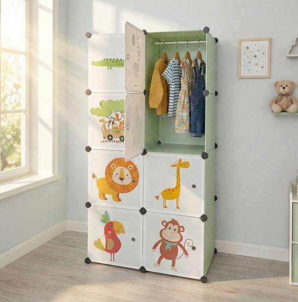 KriShyam ® 8-Cube Kids Modular Storage with with 1 Hanging Rod & 1 External Hanger Hook PP Collapsible Wardrobe