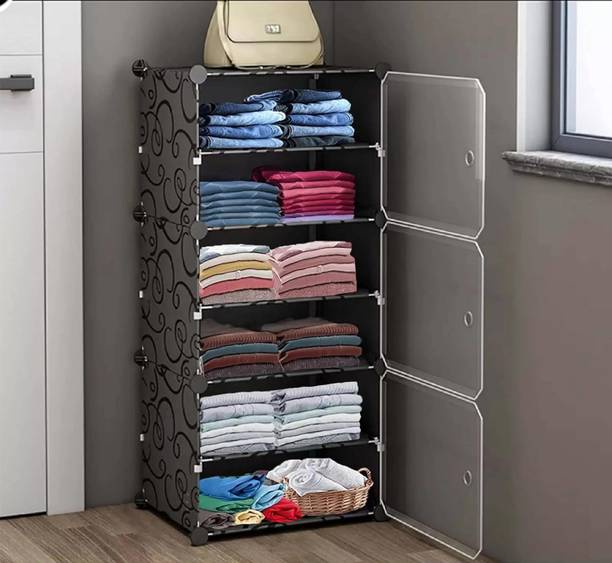 Sasimo 3-Door 6-Shelf Plastic Collapsible Cupboard Carbon Steel Collapsible Wardrobe