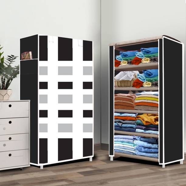 FurniGully 5 Tire French Door Print PVC Collapsible Wardrobe