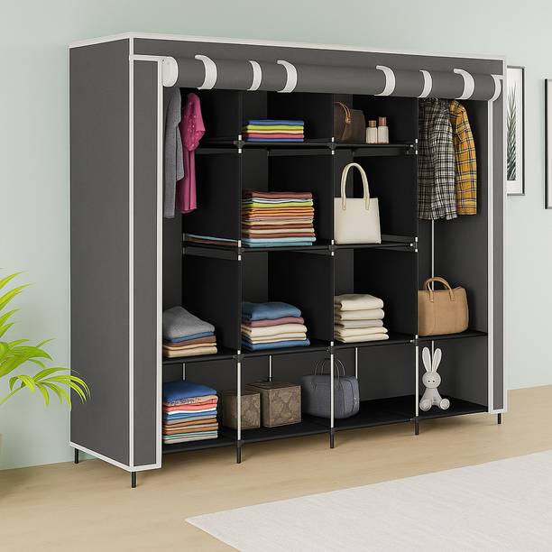 MS MODSTYLE portable Almirah Foldable closet for Clothes 12 Shelves , 1 Side Pocket (88170) PP Collapsible Wardrobe