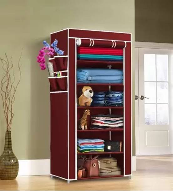 SHYAM JI Cabinet/Multipurpose Storage Rack, Foldable,Organizer for Cloth,1-Door,6 Shelve PVC Collapsible Wardrobe