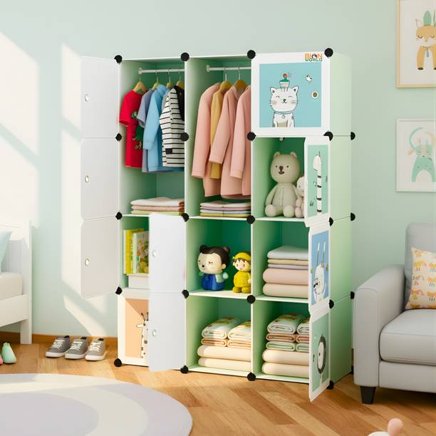 BIONworld Collapsible Plastic Wardrobe, 12-Shelf | Cartoon Print Kids Almirah for Clothes PP Collapsible Wardrobe