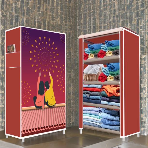 POOWEREST 4 Layer Couple Maroon Printed PVC Collapsible Wardrobe