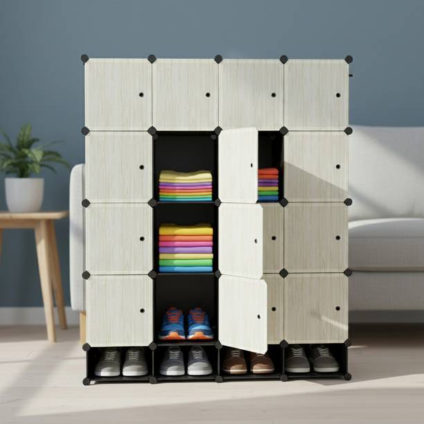 KriShyam ® 16-Cube Storage Cabinet with Doors,2 Hanging Rod & 1 External Hanger Hook PP Collapsible Wardrobe