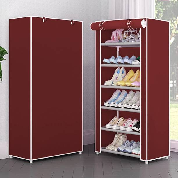 SHYAM JI 6 Shelves 1 door collapsible wardrobe for shoes and cloth. Maroon color PVC Collapsible Wardrobe