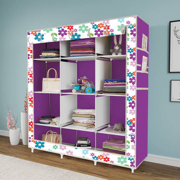 INSIDE STYLE 2 Door 9 Shelf Steel Rack Collapsible Wardrobe Storage Almirah Cloth Rack PP Carbon Steel Collapsible Wardrobe