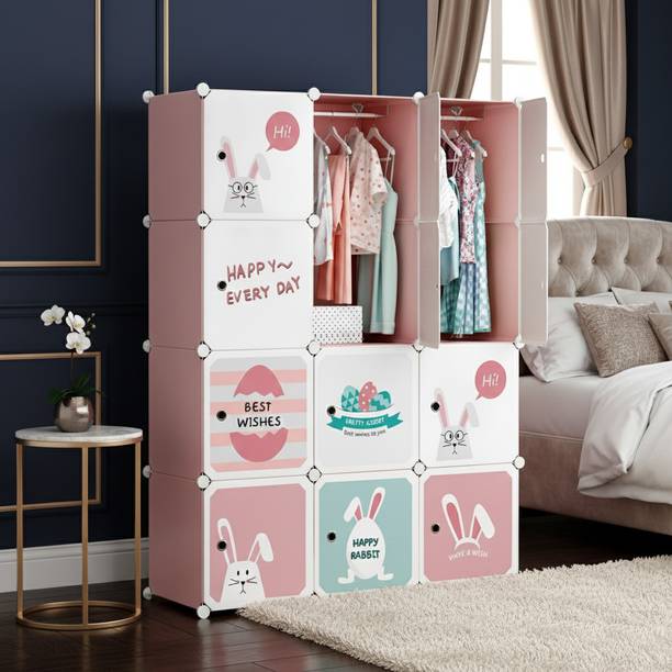 KriShyam ® 12-Cube Modular Storage Cabinet with 2 Hanging Rod & 1 External Hanger Hook PP Collapsible Wardrobe