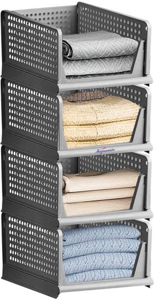 Signamio 4 Pcs Foldable and Stackable Cupboard for Merging Cupboard Space - Grey Color PP Collapsible Wardrobe