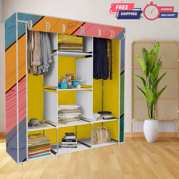 INSIDE STYLE 2 Door 6 Shelves Foldable Collapsible Wardrobe Storage Almirah Cloth Rack PP Carbon Steel Collapsible Wardrobe