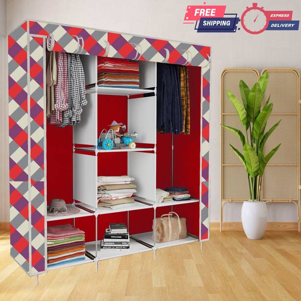 INSIDE STYLE 2 Door 6 Shelves Foldable Collapsible Wardrobe Storage Almirah Cloth Rack PP Carbon Steel Collapsible Wardrobe