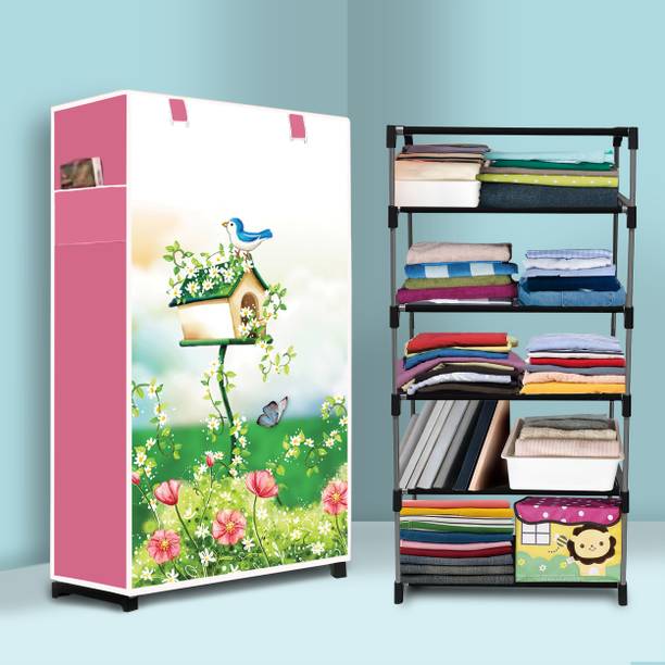 INSIDE STYLE Portable Collapsible Cloth Wardrobe – 5 Shelf Foldable Storage Cabinet Carbon Steel Collapsible Wardrobe