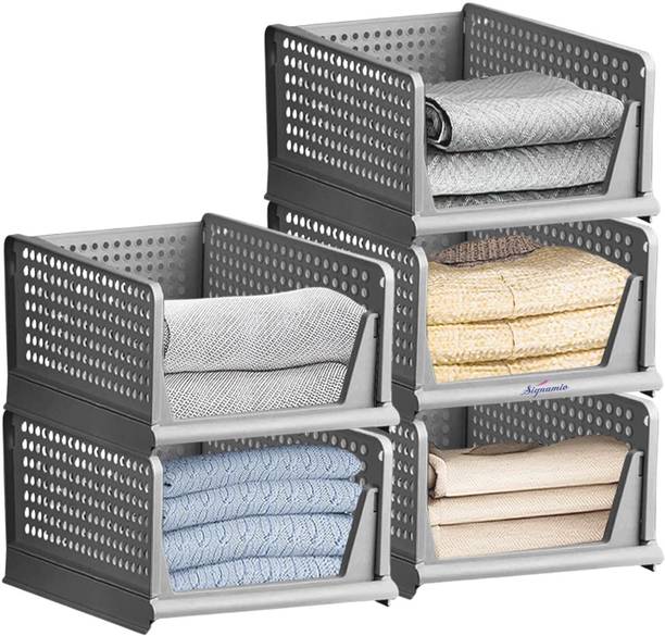 Signamio 5 Pcs Foldable and Stackable Cupboard for Merging Cupboard Space - Grey Color PP Collapsible Wardrobe