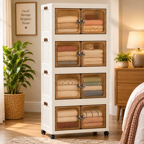 KriShyam ® 4 Layer Plastic Storage Cabinet with 4 Doors & Wheels PP Collapsible Wardrobe
