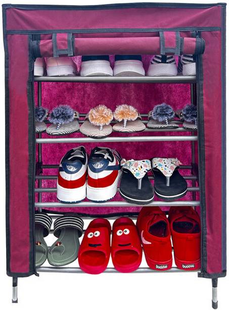GlowSilk 4 layer metal shoe rack in maroon colour Carbon Steel Collapsible Wardrobe