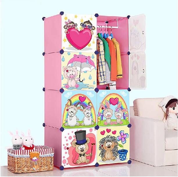 COROID 8-Door 8-Shelf Plastic almari Collapsible PC Collapsible Wardrobe Pink-HH PP Collapsible Wardrobe