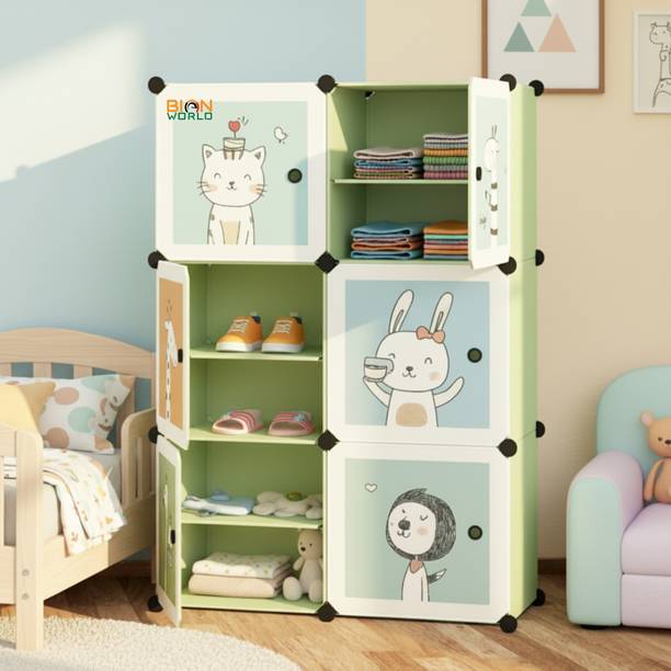 BIONworld 6-Door 6-Shelf Plastic Collapsible Cartoon Print Wardrobe for Kids Clothes, Toys PP Collapsible Wardrobe