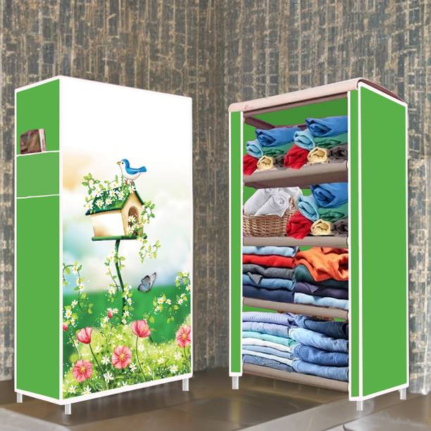 POOWEREST 4 Shelf House Tree Printed Carbon Steel Collapsible Wardrobe
