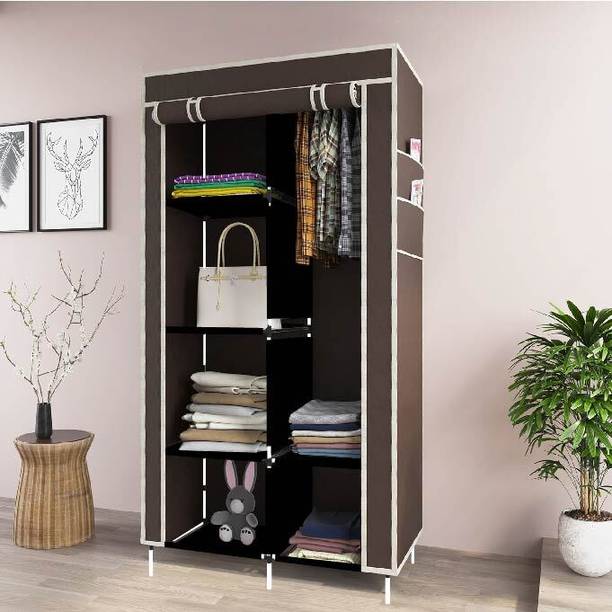 HUENISH Plastic Wardrobe Clothes Almira, 1 Hanging Rod, 6 Shelves, 1 Side Pocket PP Collapsible Wardrobe