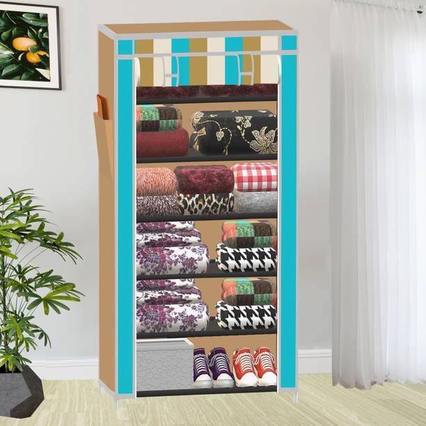 XENABO 1 Door 6 Shelf Beige Strip Print PP Collapsible Wardrobe