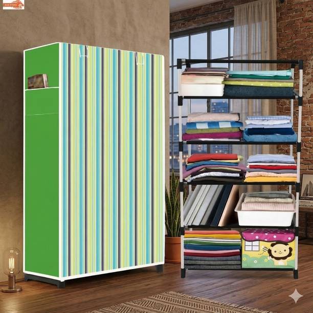 RAISSA 5 Shelf Foldable Collapsible Wardrobe Storage Organizer Almirah Cloth Rack Carbon Steel Collapsible Wardrobe