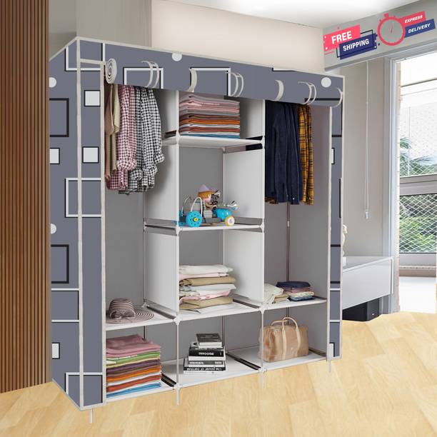 INSIDE STYLE Portable Almirah Foldable closet for Clothes with 1 Side Pocket 2 Door 6 Shelves Carbon Steel Collapsible Wardrobe