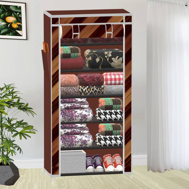 Lyzoo 1 Door 6 Shelves Curtsins Print PP Collapsible Wardrobe