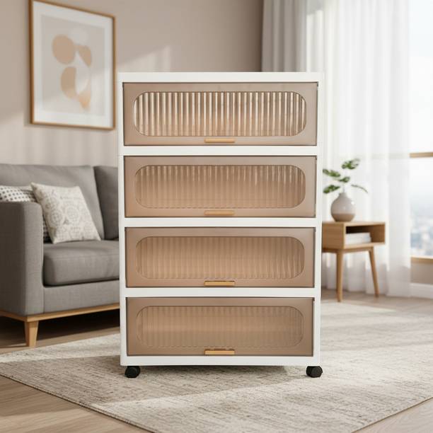 KriShyam ® Modular Plastic Storage Cabinet with Frosted Doors | Multi-Layer Space PP Collapsible Wardrobe