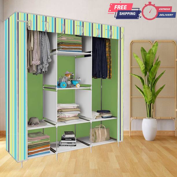 INSIDE STYLE 2 Door 6 Shelves Foldable Collapsible Wardrobe Storage Almirah Cloth Rack PP Carbon Steel Collapsible Wardrobe
