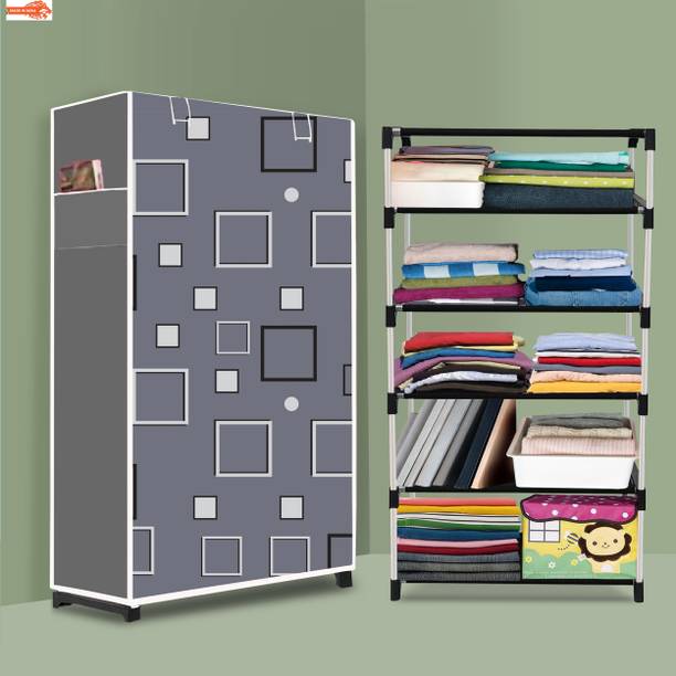 POOWEREST 5 Shelf Foldable Collapsible Wardrobe Storage Organizer Almirah Cloth Rack PVC Collapsible Wardrobe