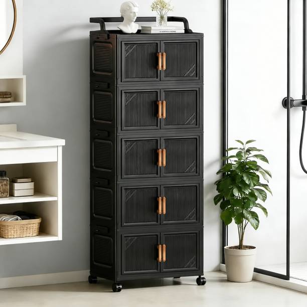 KriShyam ® 5-Tier Plastic Storage Cabinet with Wheels, Water-Resistant PP Collapsible Wardrobe