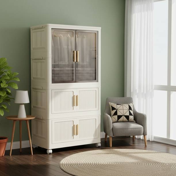 KriShyam ® Modular Plastic Wardrobe Storage Cabinet with Transparent Sliding Doors&Wheels PP Collapsible Wardrobe