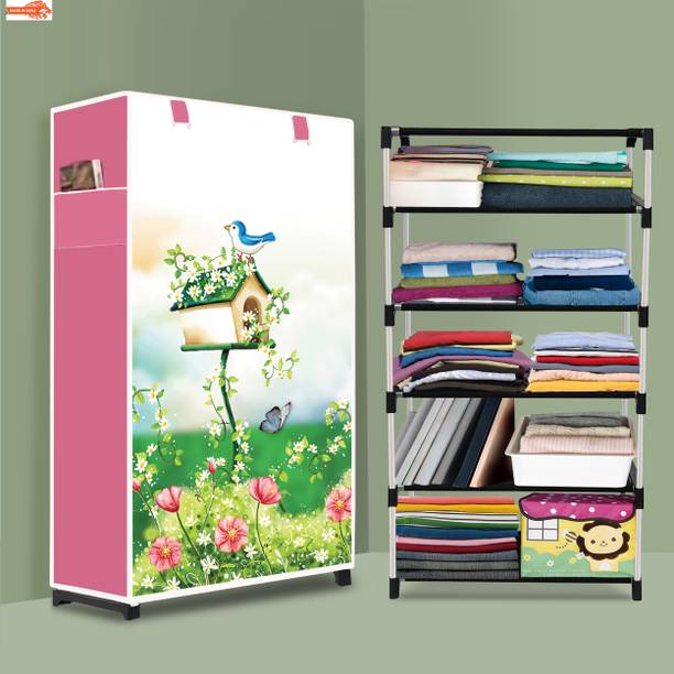 POOWEREST 5 Shelf Foldable Collapsible Wardrobe Storage Organizer Almirah Cloth Rack PVC Collapsible Wardrobe