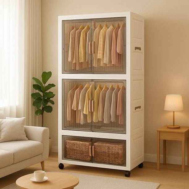 Etoly 1-Wardrobe 4-Door 4-Shelf Plastic Collapsible Cupboard PC Collapsible Wardrobe PC Collapsible Wardrobe