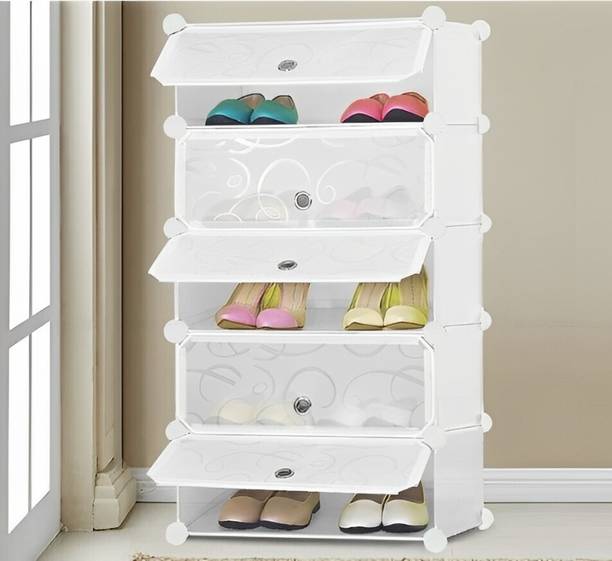 KriShyam ® Portable Shoe Rack Organizer, Plastic Cube Storage 10 Pair Tower 5 door PP Collapsible Wardrobe