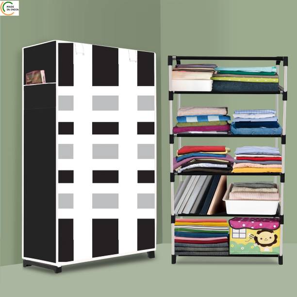 POOWEREST 5 Shelf Foldable Collapsible Wardrobe Storage Organizer Almirah Cloth Rack PVC Collapsible Wardrobe