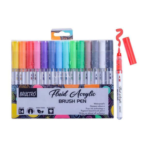 BRuSTRO Fluid Acrylic Brush Pen|Set of 14 Basic Shades|Waterproof, Fast Drying Round Shaped Color Pencils