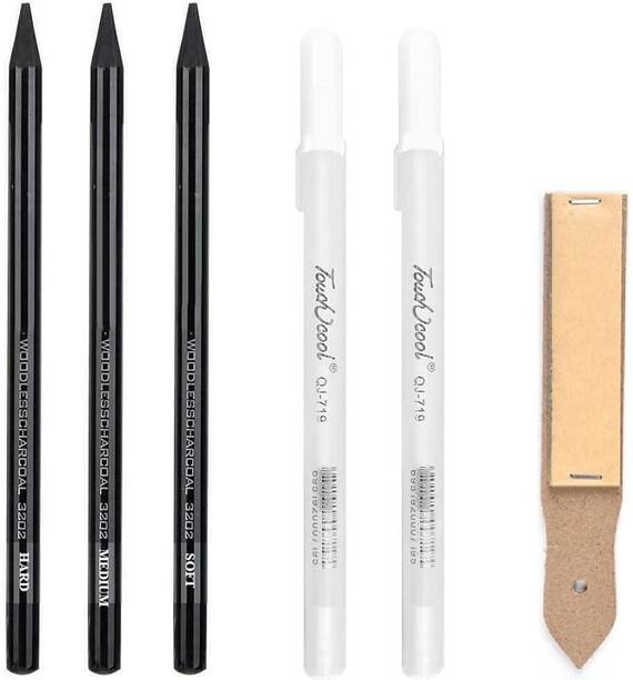 Qalam Kaari Woodless Charcoal Pencils with 2 Touch Cool White Gel Pen & Sand Paper Folder Round Shaped Color Pencils