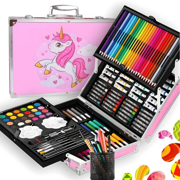 NUVIO Art and Craft Painting Kit 145 Pcs Set with Watercolors and Oil Pastels Triangular Shaped Color Pencils