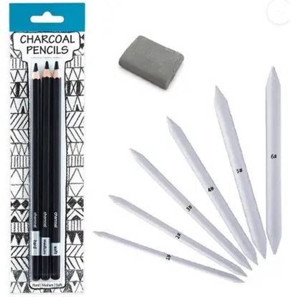 Ortan 3Pc Black Charcoal Pencil +6 Pcs White Paper Blending Stumps+1 Kneadable Eraser for Charcoal, Graphite Sketching Portrait Shaped Color Pencils