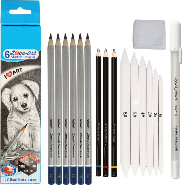 Ortan 6 Drawing+3 Charcoal Pencils+6 Blending Stumps+Kneadable Eraser+White Pen For Drawing Students, Junior & Senior Professional Artist Shaped Color Pencils