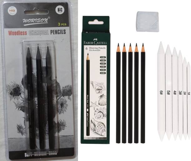 Ortan Set of3 Charcoal & 6 Sketch Pencils,6 Blending Stumps, 1 Kneadable Eraser Professional Art Sketching Shaped Color Pencils