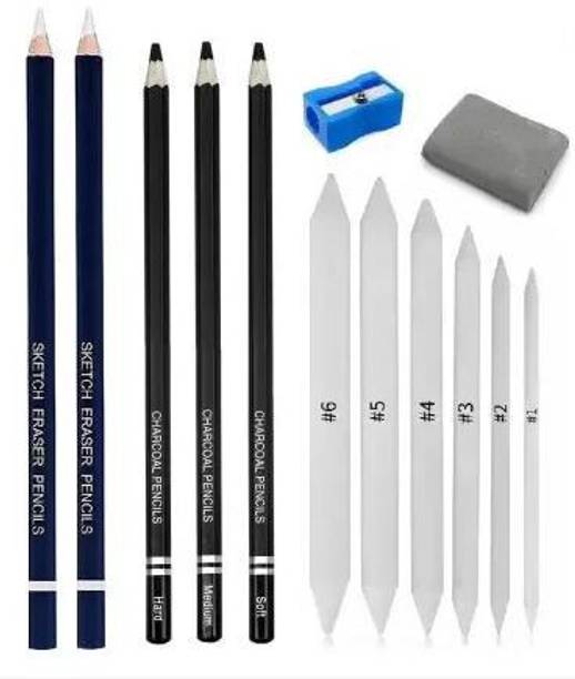 Aashwi 2Pc Eraser Pencils, 3Pc Black Charcoal Pencils, Blend Stumps & Kneadable Eraser Graphite & Sketching Drawing Shading Pencil Shaped Color Pencils