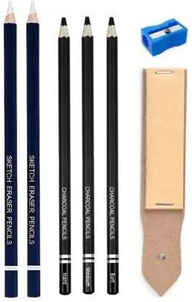 Aashwi 2Pc Eraser Pencil, 3Pc Black Charcoal Pencil & SandPaper Strip Graphite & Sketching Drawing Shading Pencil Shaped Color Pencils
