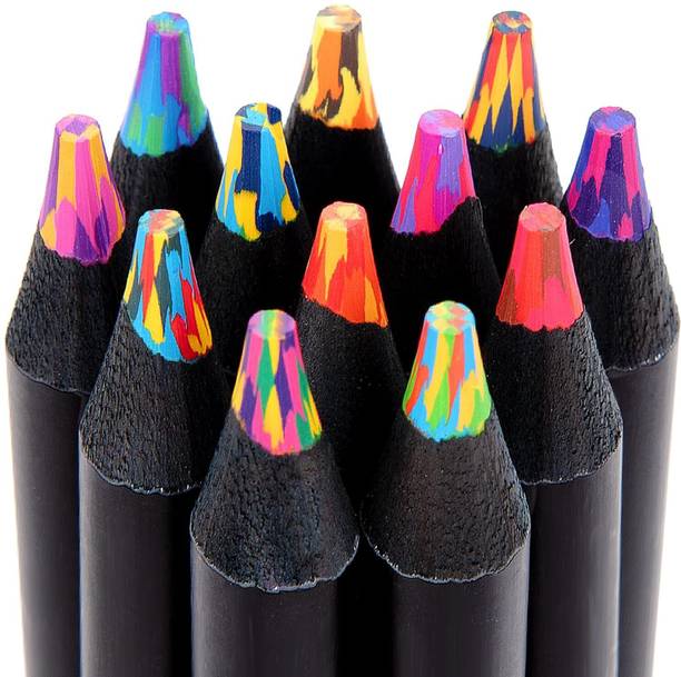 FAVORU Rainbow Pencils , Black Wooden Multi Colored Pencils Bulk for Coloring Pack of 5 Pencil